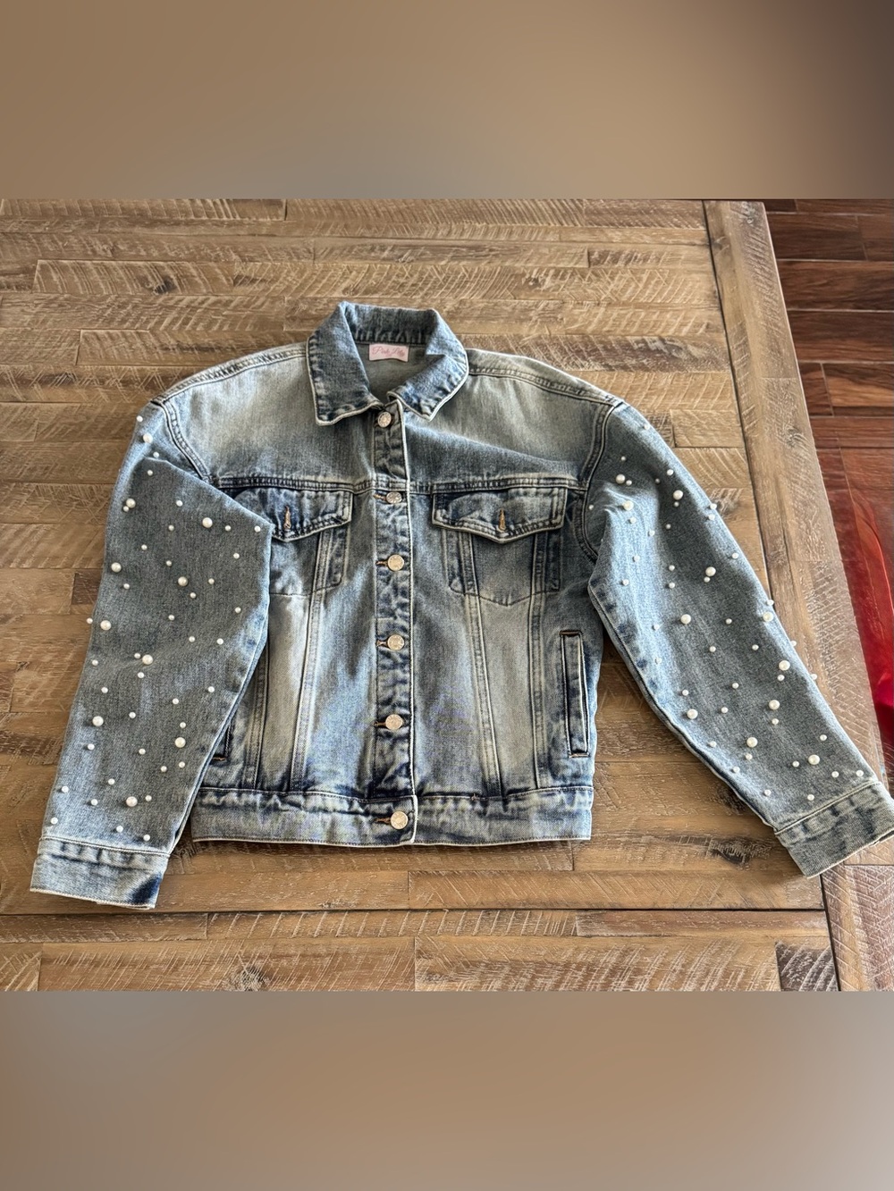 Pink Lily Pearl-Embellished Denim Jacket